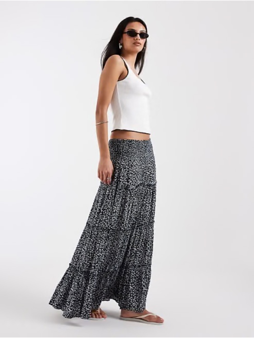 The Territory Ahead Black Maxi Skirt with White Floral Print